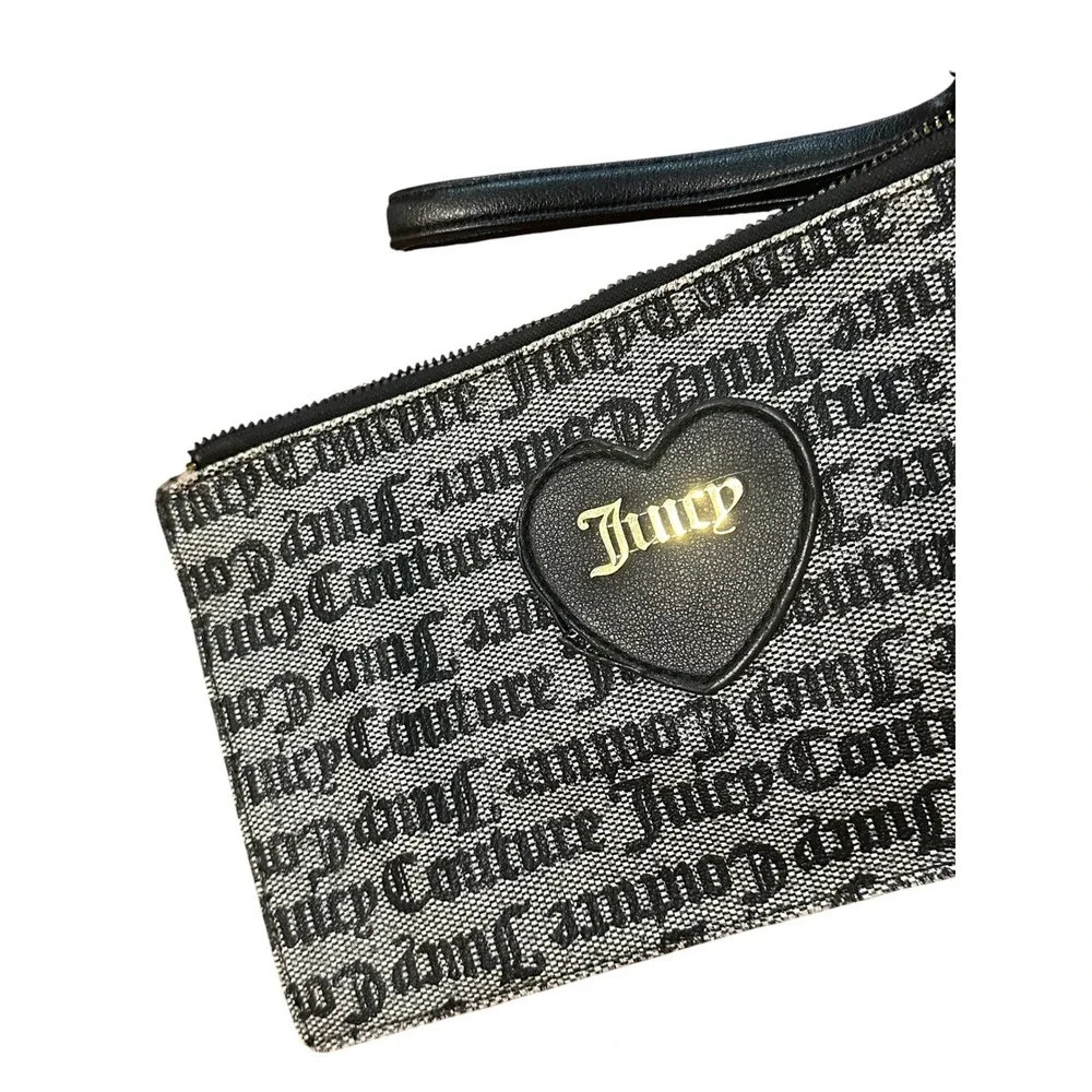 Juicy Couture Gothic Monogram Wristlet Pouch Black Grey Logo Heart Zip Clutch
